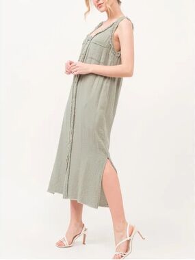 Washed Cotton Gauze Midi Dress - Sage